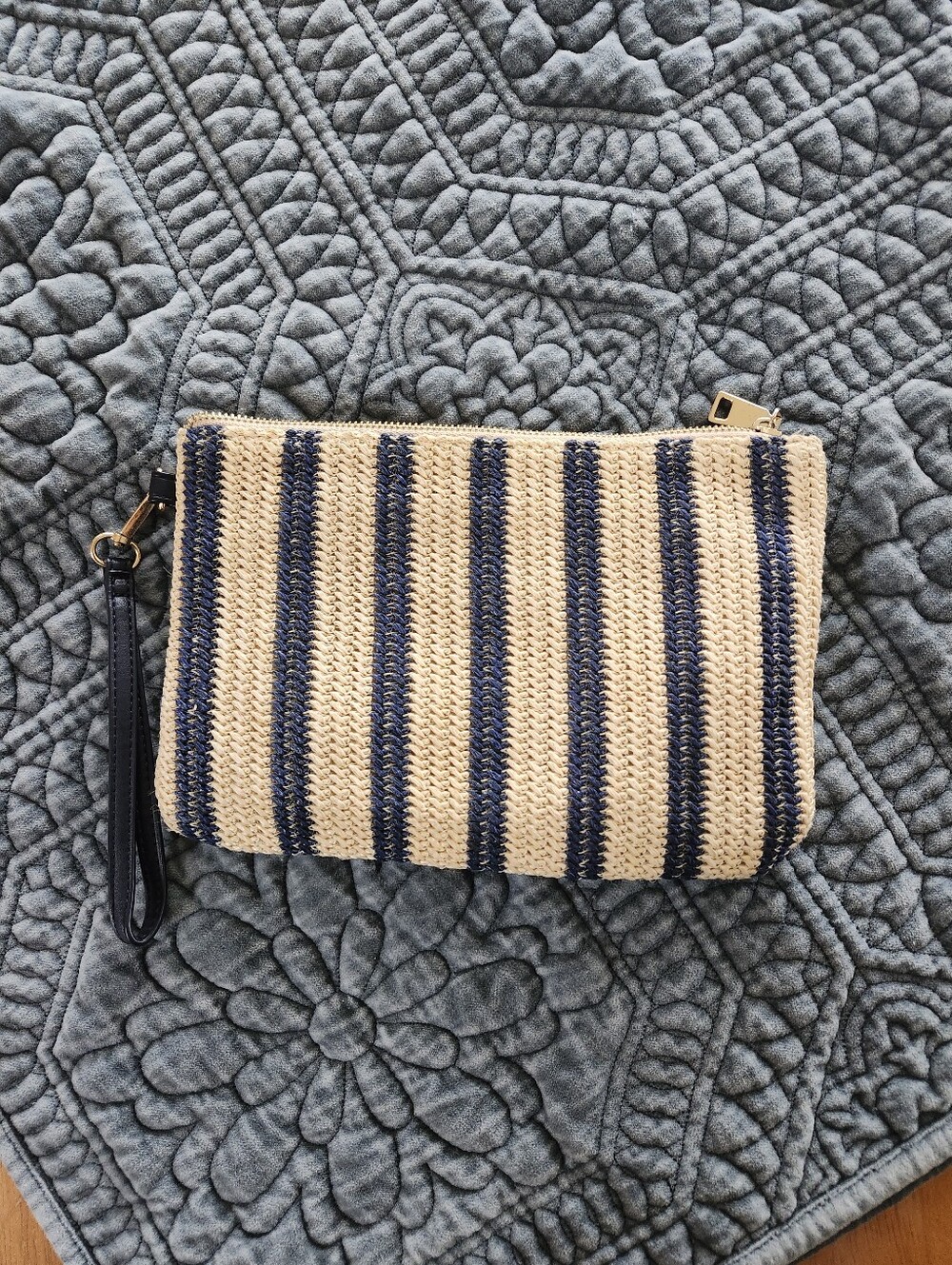 Madison West Striped Wristlet Clutch, Neutral Navy Tan, Beach Bag, Purse Zipper